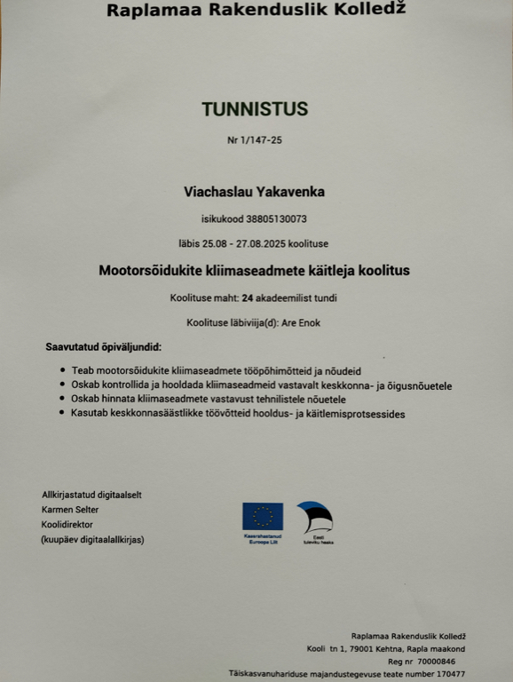 Autoteeninduse koolitustunnistus